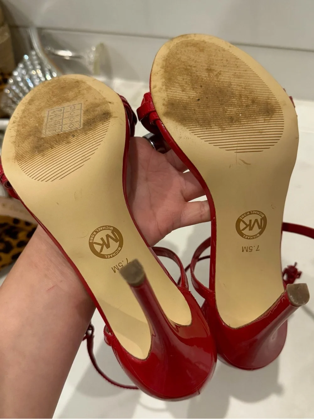 Michael Kors Red Patent Chain-Front Ankle-Strap Stilettos